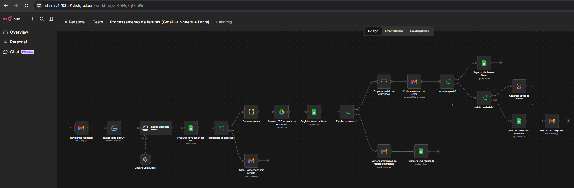 n8n workflow for invoice processing, from the Gmail trigger on the left through PDF extraction, supplier lookup, Drive upload, Sheets logging, and the approval loop on the right