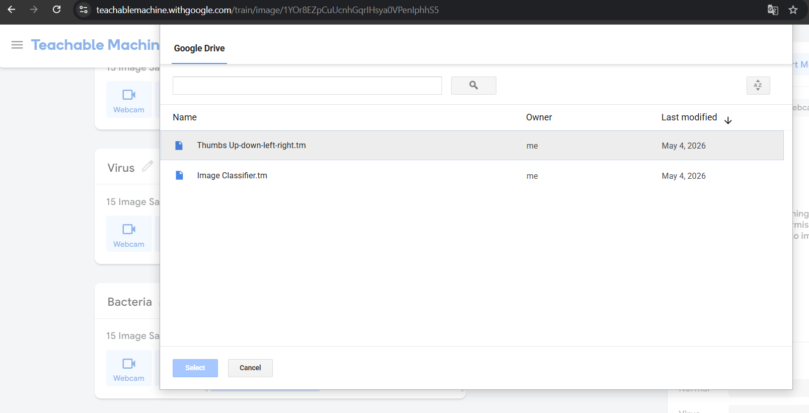 Teachable Machine project with three classes, Normal, Virus, and Bacteria, each with 15 image samples, and the Google Drive dialog showing the saved project file